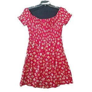 $39‎ EUC JUST FOUND short sleeve dress Plus 2X red floral button smocked bodice